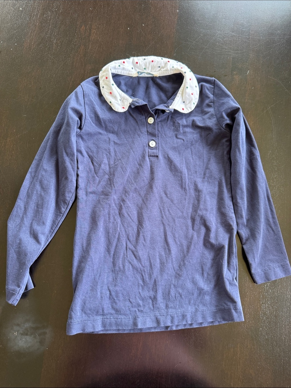 Girls' Navy Long-Sleeve Polo Top with White Dot Collar